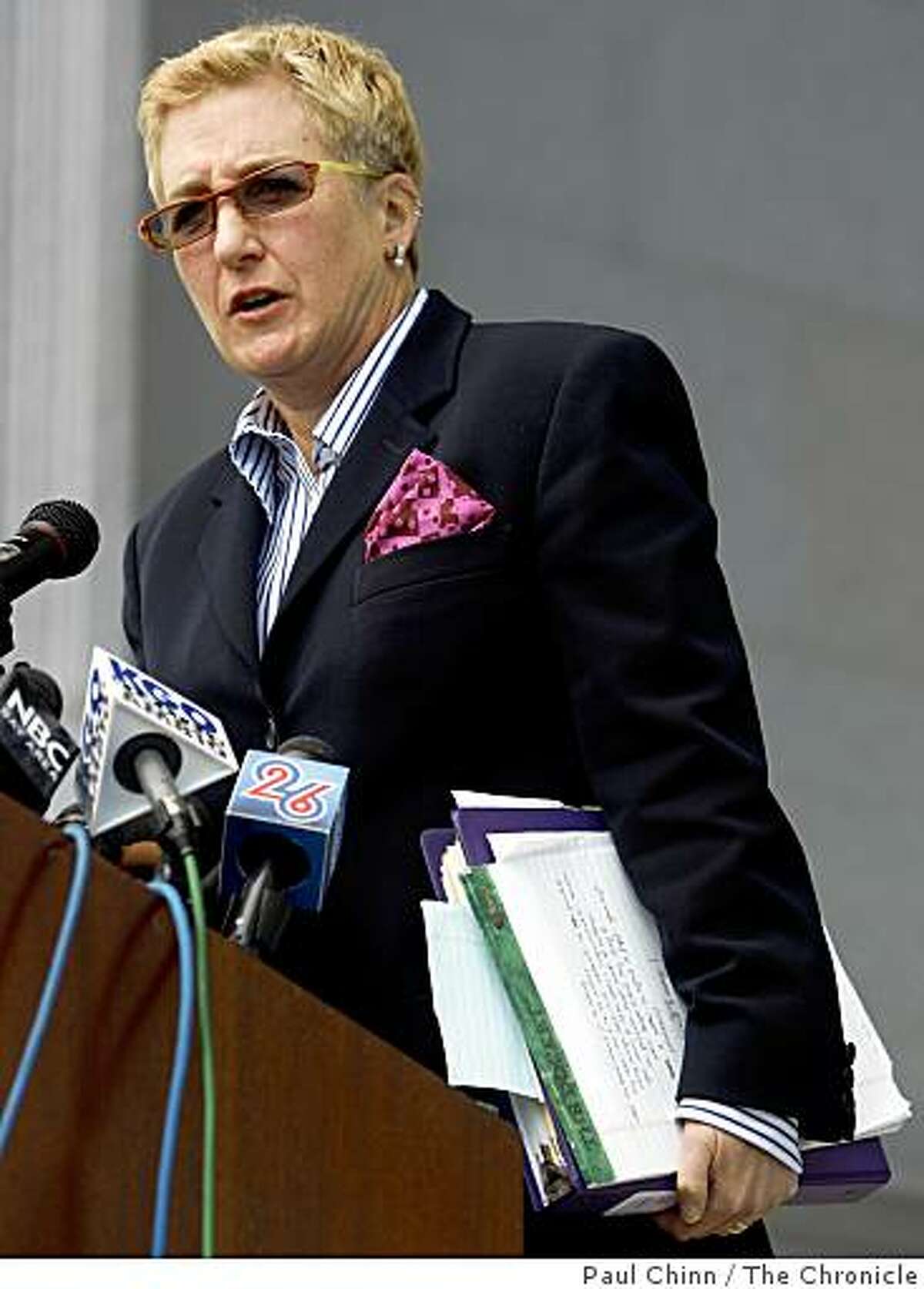 Deputy City Attorney Therese Stewart addresses a crowd gathered in front of the Earl Warren State Building after the California State Supreme Court heard arguments over the constitutionality of Proposition 8 in San Francisco, Calif., on Thursday, March 5, 2009.