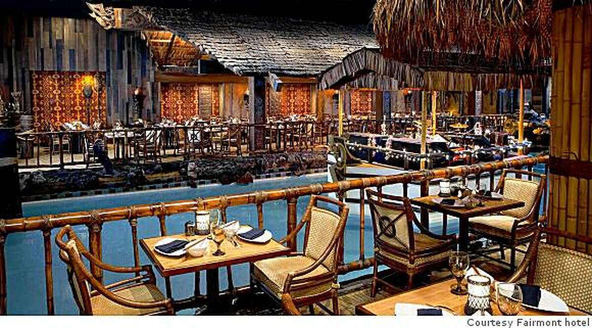 Gensler redesigned the fabled Tonga Room that opned at the Fairmont hotel in 1945. The new design has brighter furniture and lighting in the Polynesian club/retuarants's darkest corners. Seen here, the Tonga pool, a favorite with regulars, often has bands performing in a barge.