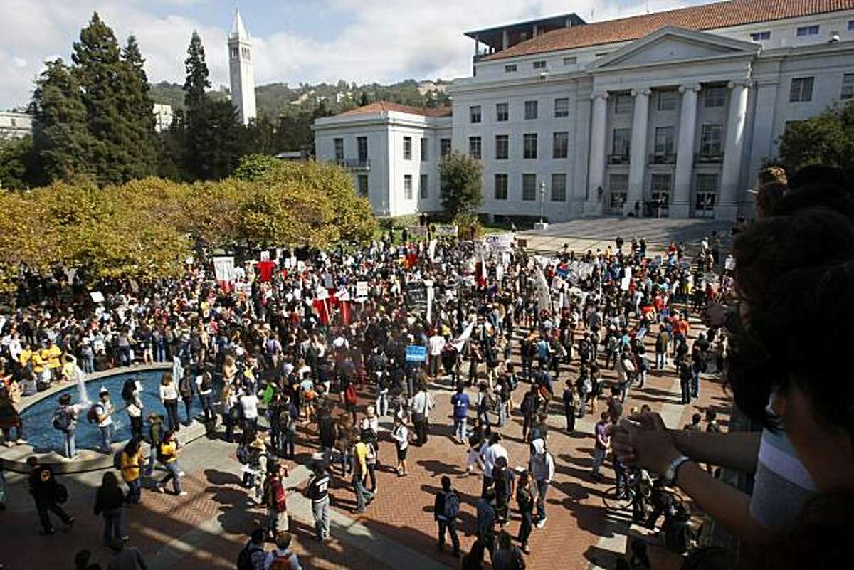 Protesters gather at UC Berkeley Thursday, October 7, 2010, Berkeley, Calif. Universities across California protest higher fees, campus cuts, layoffs, the horrible economy in general and its impact on higher education in a statewide day of action.