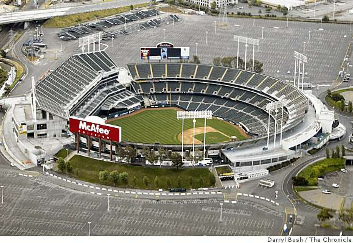 Oakland Athletics and Oakland Raiders home, McAfee Coliseum. aerial