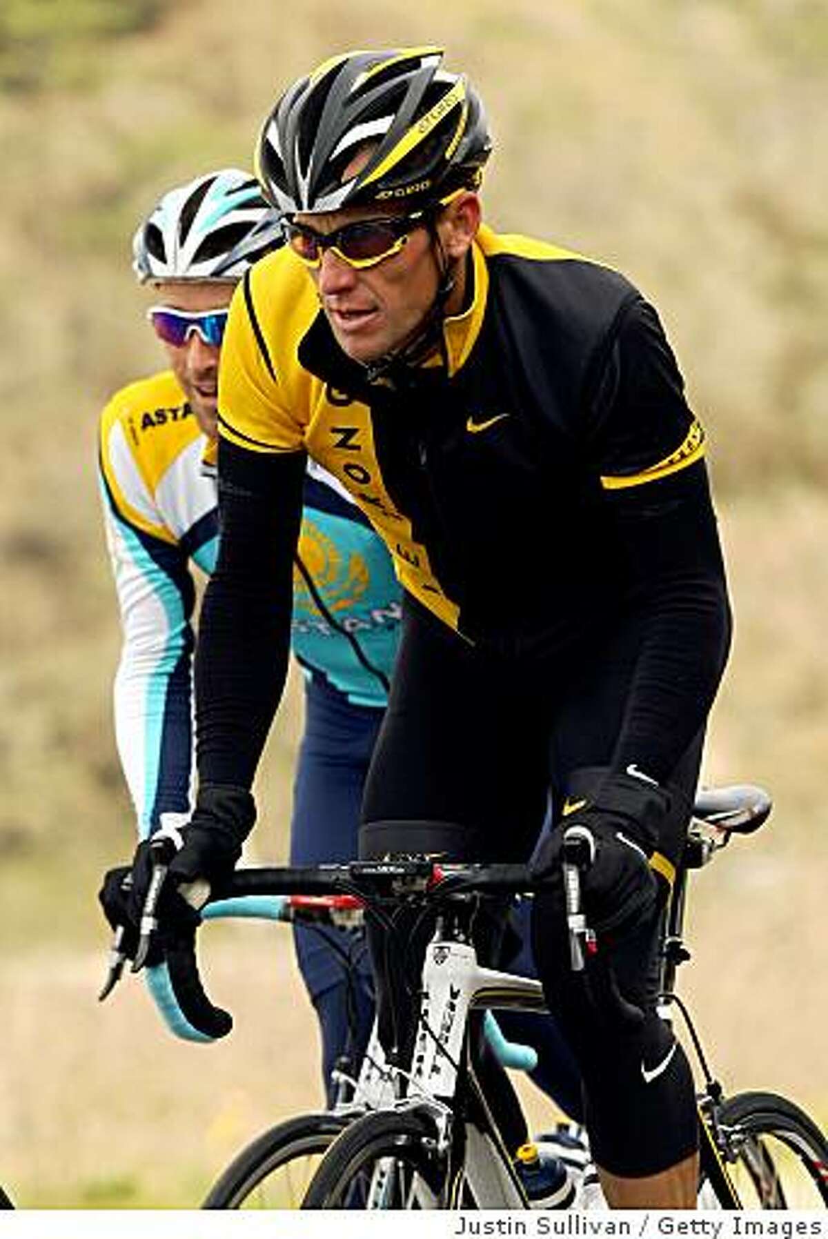 JENNER, CA - FEBRUARY 04: Astana Cycling Team rider Lance Armstrong rides up a hill during a training camp February 4, 2008 in Jenner, California. Astana team riders are preaparing for the Tour of California which begins on February 15th in Sacramento, California. (Photo by Justin Sullivan/Getty Images)