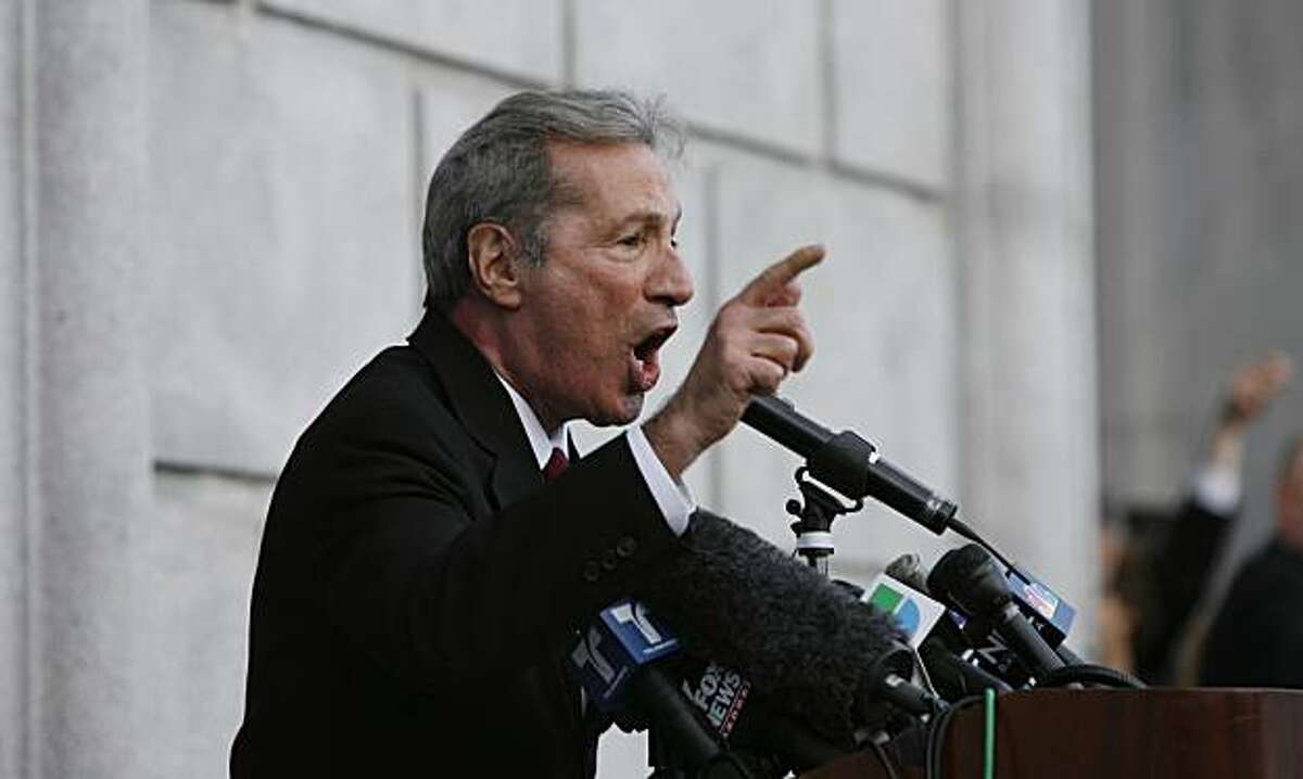 California Assembly member Tom Ammiano speaks to demonstrators during a press conference outside of the California Supreme Court in San Francisco, Calif., on Thursday, March 5, 2009. Hundreds of protesters demonstrated after the California Supreme Court met regarding Proposition 8.