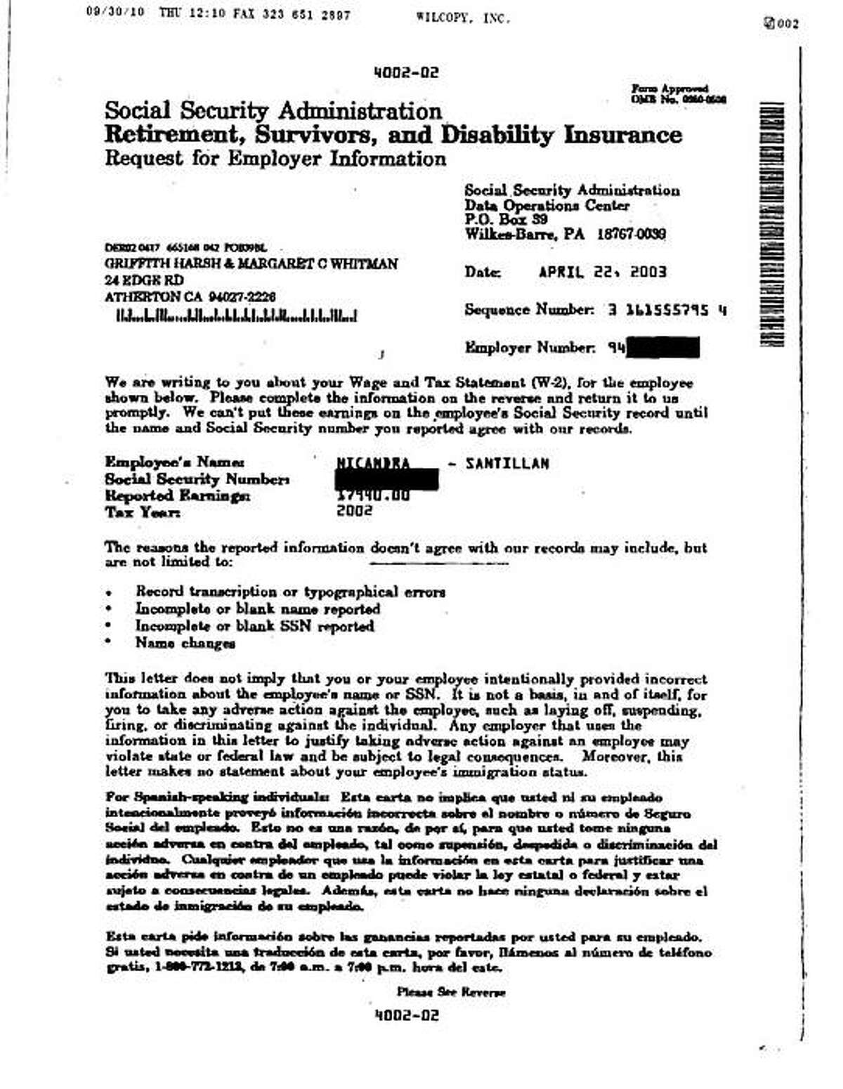 First page of a letter written by the Social Security Administration to Meg Whitman and Griffith Harsh on April 22, 2003, provided by attorney Gloria Allred.