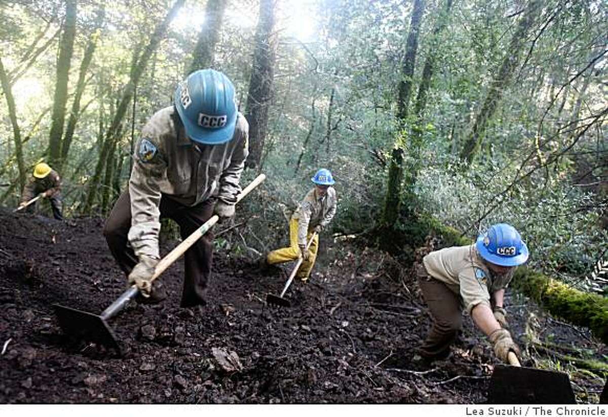 Cathy Barr (l to r), Conservation 1 Crew Supervisor and California Conservation Corps members Chris Cerulla, Travis Jeffrey and Eddie Alvarez work on pulling organic material down a slope on Mt. Tampalpais, part of the process of rehabilitating the area as the trail is being built, on Monday, February 9, 2009.