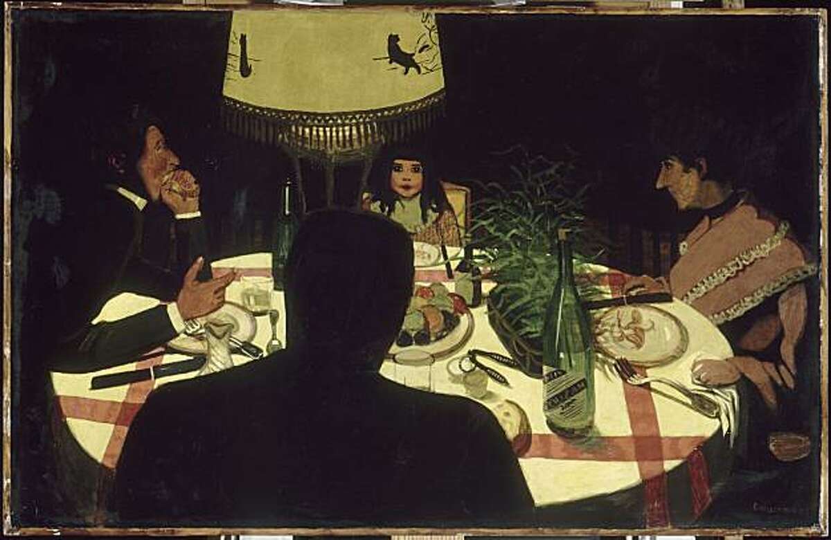 "Dinner, by Lamplight" (c. 1900) oil on board by Felix Valloton