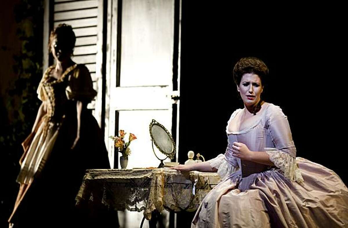 Ellie Dehn playing Countess Almaviva performs as Danielle de Niese, playing "Susanna", looks on from behind during the San Francisco Opera's final dress rehearsal of Mozart's "Marriage of Figaro" at the War Memorial Opera House in San Francisco, Calif., on Friday, September 17, 2010.San Francisco Opera performs its final dress rehearsal of Mozart's "Marriage of Figaro" at the War Memorial Opera House in San Francisco, Calif., on Friday, September 17, 2010.