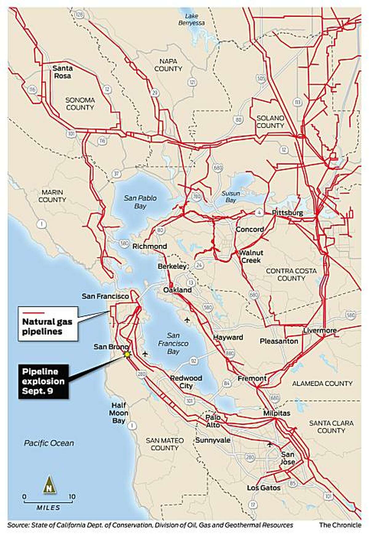 Map of natural gas lines in the Bay Area.
