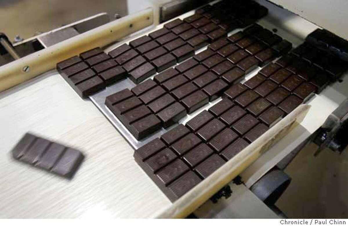 One ounce bars of dark chocolate roll off a conveyor belt at the Scharffen Berger chocolate factory in Berkeley, Calif. on Tuesday, July 3, 2007. A study by German researchers claims that a daily dose of dark chocolate helps lower blood pressure. PAUL CHINN/The Chronicle