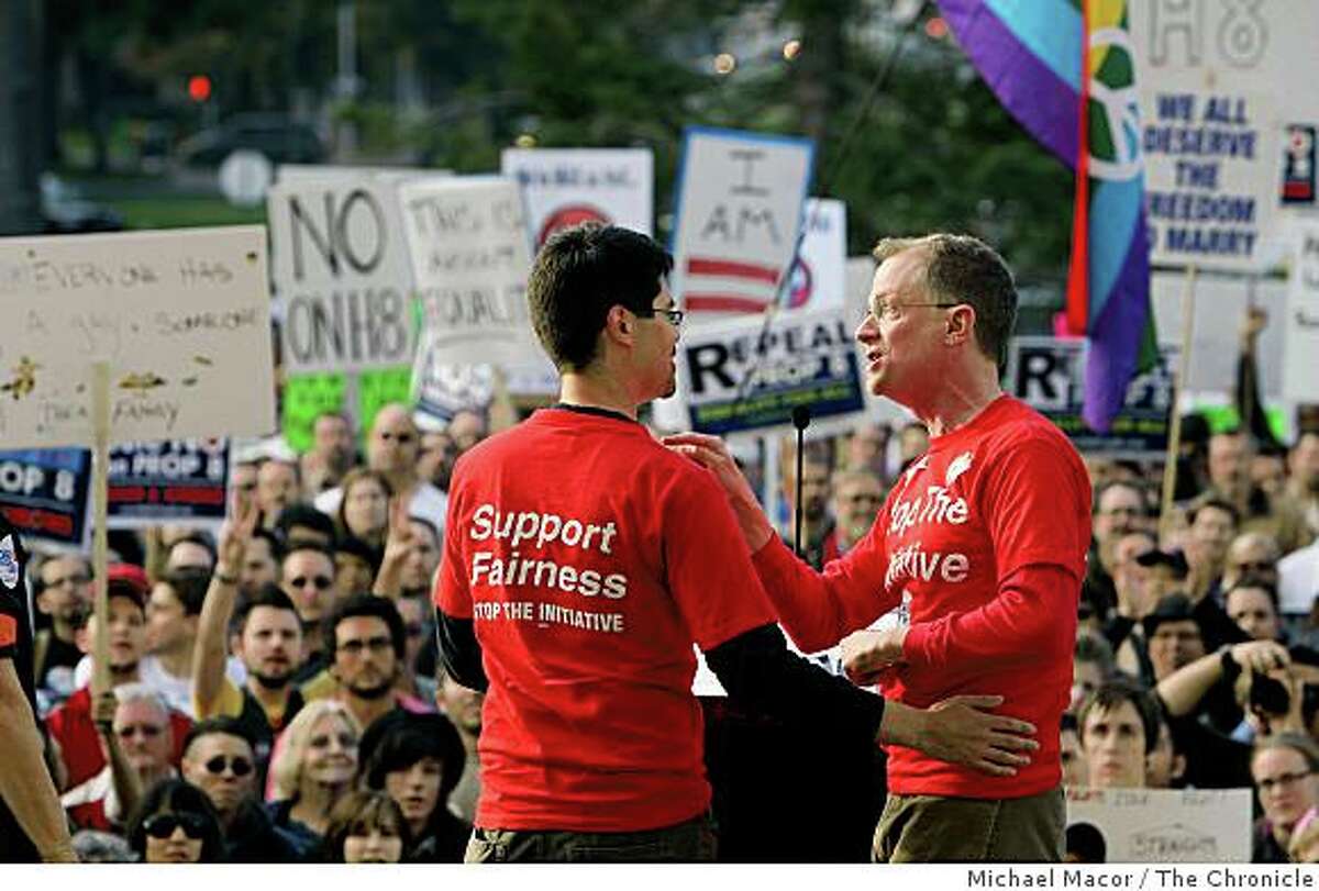 Stuart Gaffney and John Lewis, plaintiffs in the California Supreme Court same-sex marriage case speak to the thousands gathered for a statewide protest against the passage of Proposition 8.