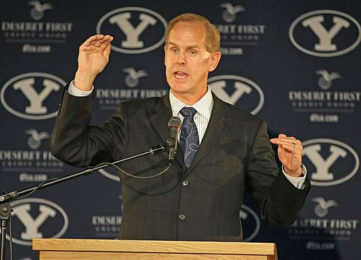 PROVO, UT - SEPTEMBER 1: BYU Athletic Director Tom Holmoe announces that BYU football will become independent in football in 2011 separating from the Mountain West Conference, September 1, 2010 in Provo, Utah. The remaining BYU sports will become affiliated with the West Coast Conference in 2011.