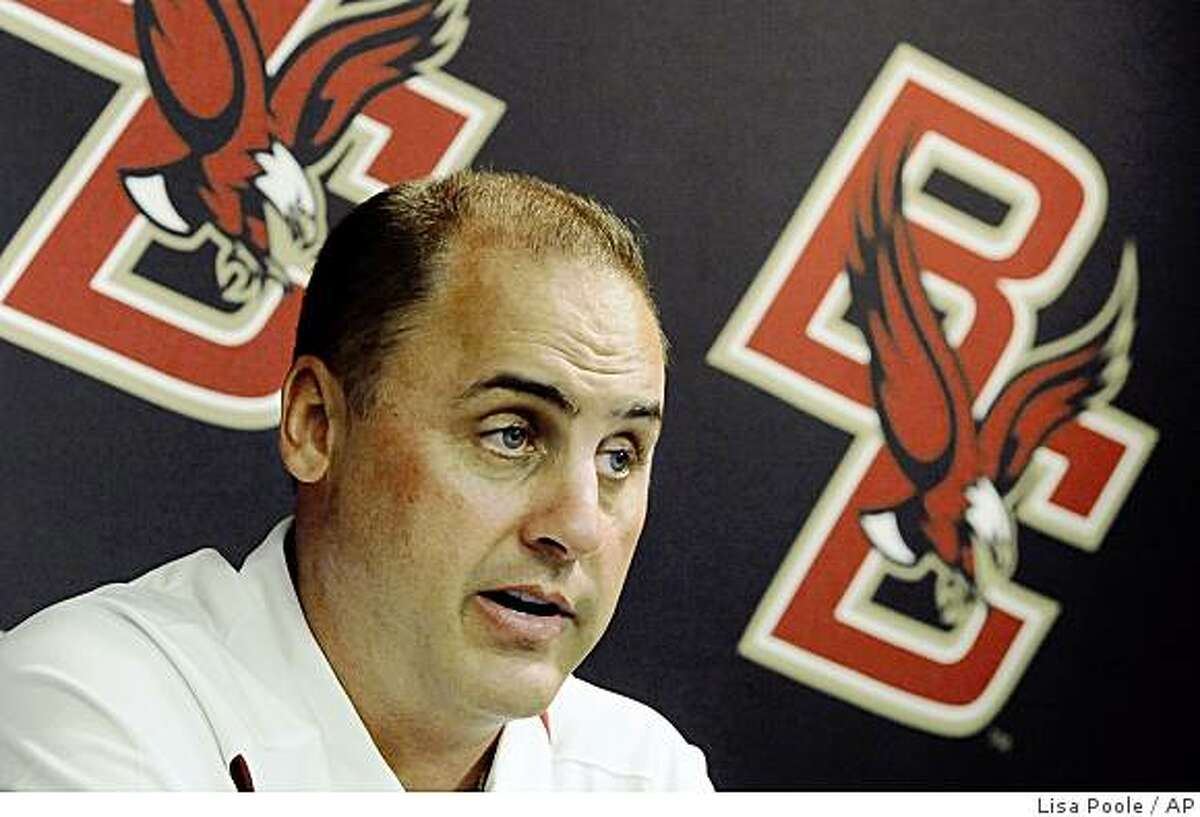 ** FILE ** This Aug. 8, 2008 file photo shows Boston College head football coach Jeff Jagodzinski talking to members of the media during Boston College football media day at Boston College in Boston. Jagodzinski met with New York Jets officials Tuesday Jan. 6, 2009, to discuss their head coaching vacancy _ an interview that was expected to cost him his job with the Eagles.(AP Photo/Lisa Poole, File)