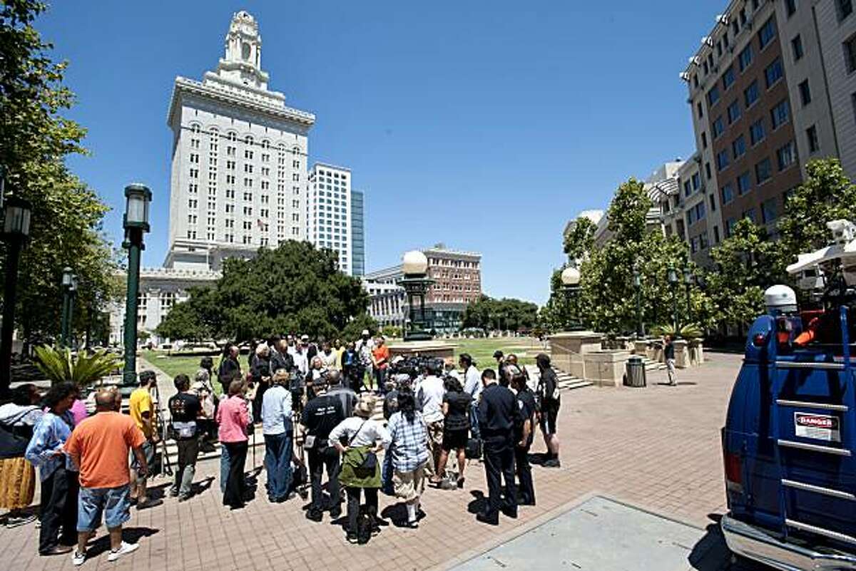 The scene during a press conference held in front of Oakland City Hall on Wednesday, July 14, 2010 to discuss the actions of police as they arrested protestors following the verdict in the Mehserle case.