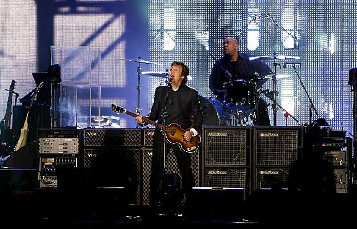 Sir Paul McCartney plays to a sold out show at AT&T Park in San Francisco, Ca. on Saturday July 10, 2010. Bandmate Abe Laboriel on drums.
