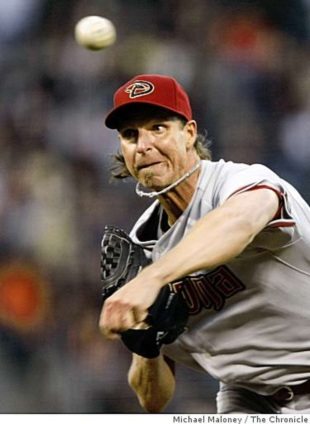 Arizona Diamondbacks starter Randy Johnson pitches in the first inning vs. the Giants at AT&T Park in San Francisco, on April 14, 2008.