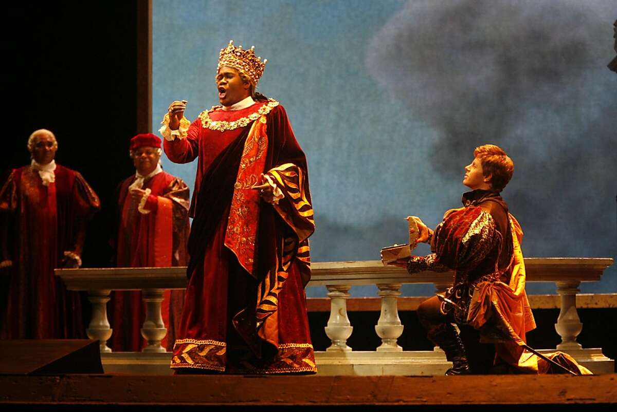 Eric Owens (foreground l to r) and Andrew Bidlack perform as The King of Scotland and Odoardo during dress rehearsal for Ariodante at the War Memorial Opera House in San Francisco, Calif. on Thursday June 12, 2008. Photo By Lea Suzuki/ The Chronicle