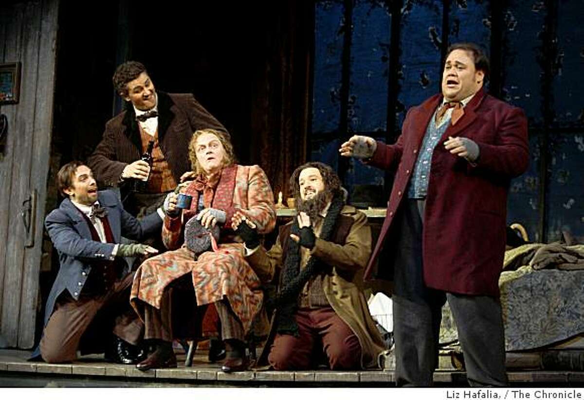 Left to right--Brian Leerhuber, Piotr Beczala, Dale Travis, Oren Gradus, and Quinn Kelsey in Giacomo Puccini's "La Boheme" at War Memorial Opera House in San Francisco, Ca., on Thursday, November 14, 2008.