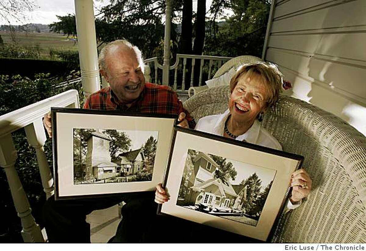 Jim and Dotty on the front porch with a set of photos by local photographer Lenny Segal, one in 1988 before the remodel and one after in 1990. He was commissioned by Sales to shoot them.Jim and Dotty Walters home in Healdsburg rebuilt by Enid Sales, first female contractor in the state.