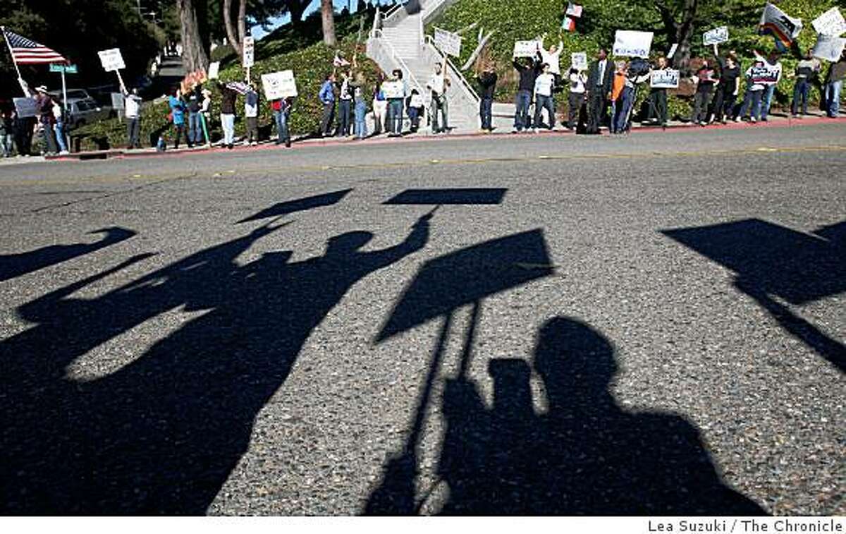 Protesters gathered outside the Oakland Mormon Temple to protest the passage of Proposition 8 on Sunday, November 9, 2008 in Oakland, Calif.