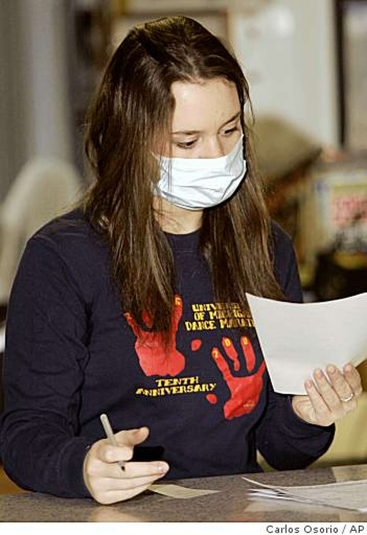 ** FILE **In this Jan 31, 2008, file photo, University of Michigan freshman Alicja Sobilo wears a surgical mask at work as part of a study as to whether the use of masks affects the spread of flu or other respiratory illnesses in Ann Arbor, Mich.. Doctors have long advised frequent hand-washing to avoid spreading germs. Wearing surgical masks and using hand sanitizers also can help, a novel University of Michigan study found. (AP Photo/Carlos Osorio, File)