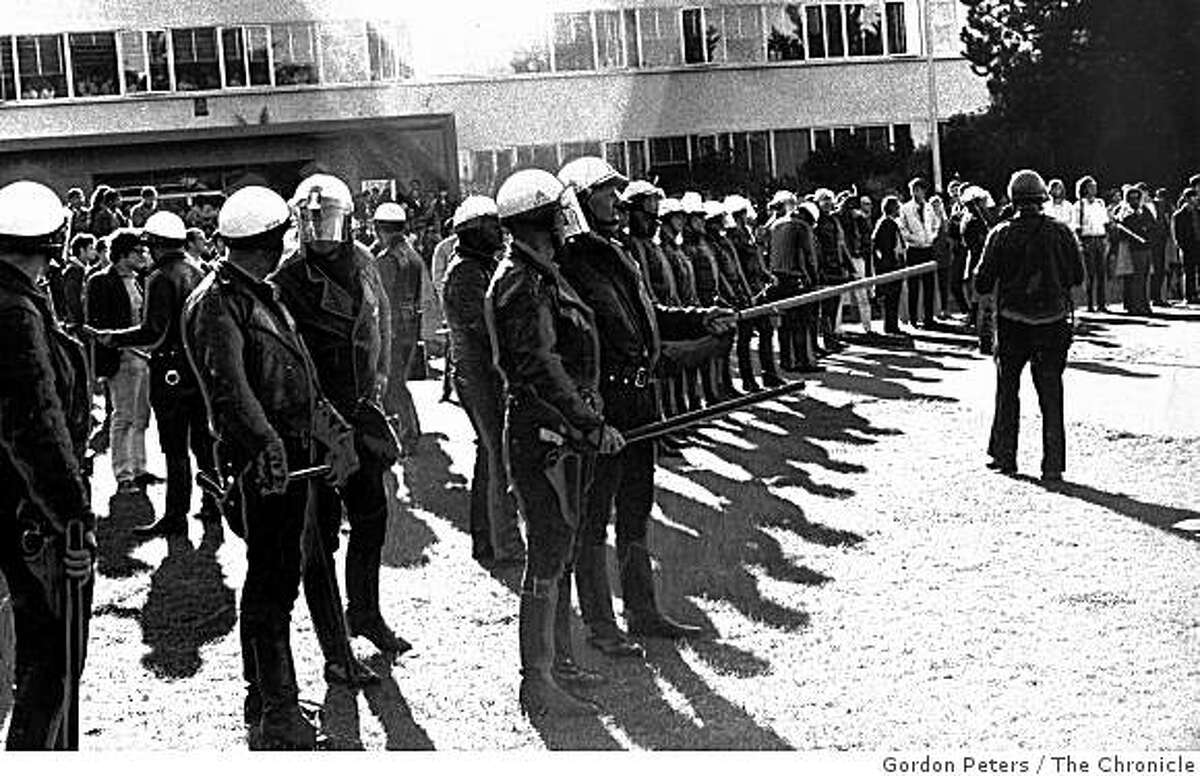 Police guard the front of the library at San Francisco State University on December 3, 1968.