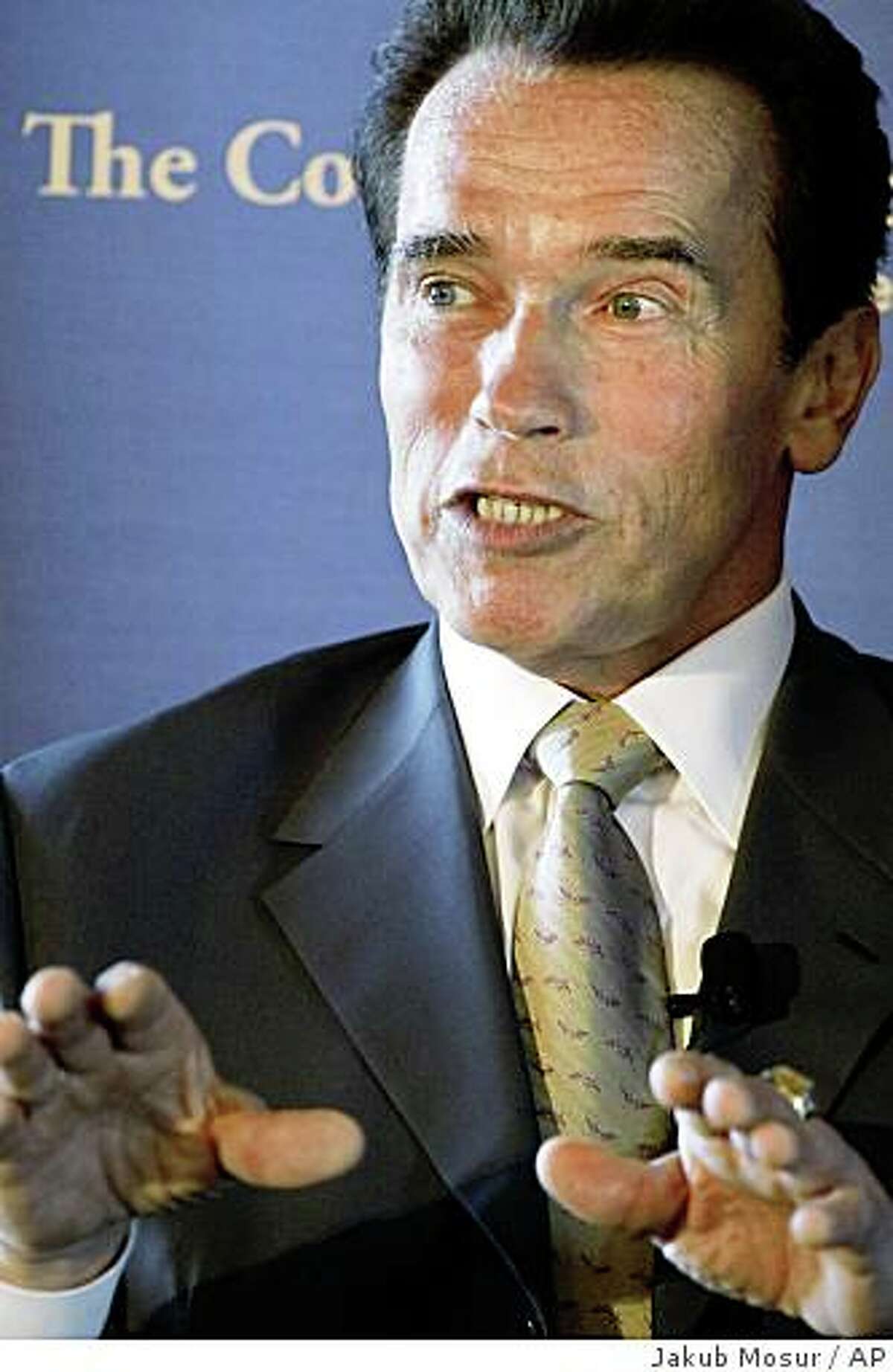 California Governor Arnold Schwarzenegger speaks on the state's plan to transition to a clean energy economy at the Commonwealth Club in San Francisco on Friday, Sept. 26, 2008. Governor Schwarzenegger appears on the second anniversary of his signing of the Global Warming Solutions Act. (AP Photo/Jakub Mosur)