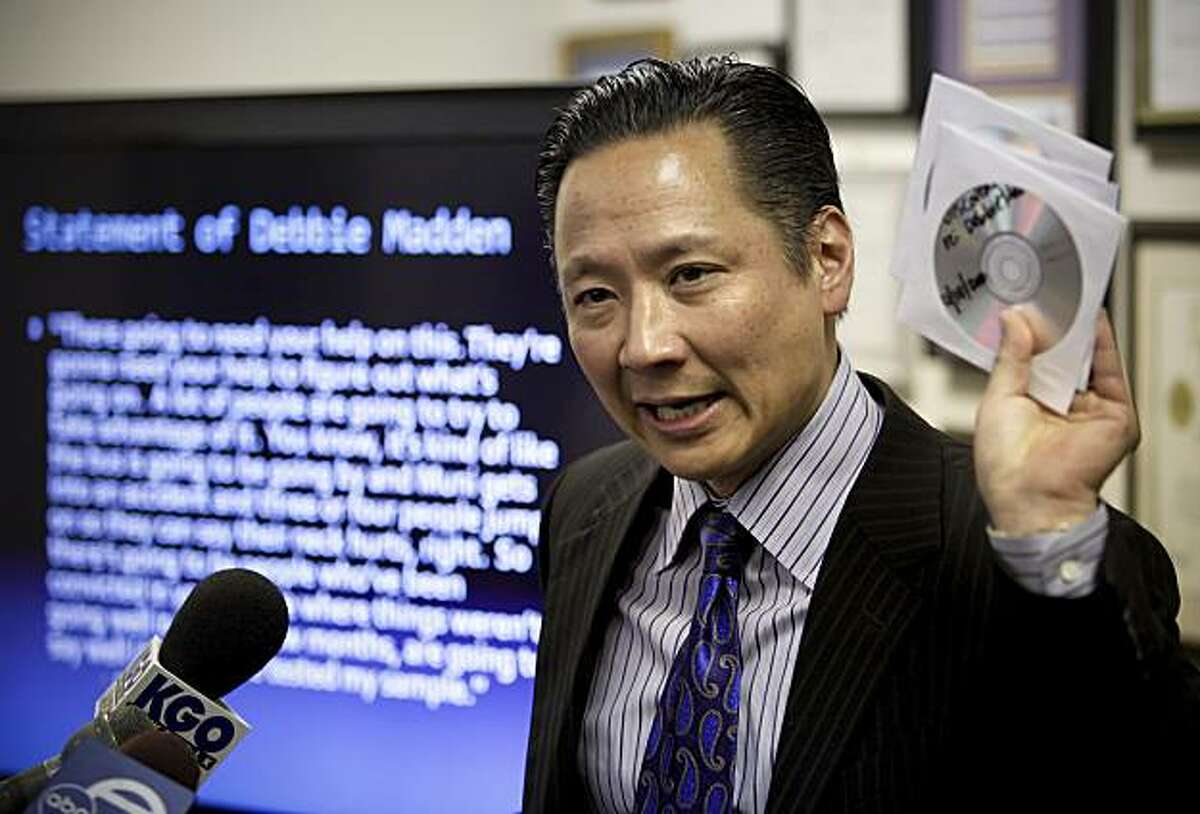 San Francisco Public Defender, Jeff Adachi holds documents given to his office by the District Attorney, part of the evidence that his office will look over into the investigation of misconduct at the SFPD crime lab. Public Defender Adachi discussed his office's next steps, including filing a formal allegation against the crime lab and requesting additional staff to review past cases, at the Office of the Public Defender in San Francisco, Calif. on Wednesday Apr. 14, 2010.
