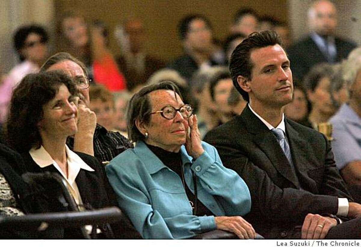 Phyllis Lyon (center) listens to speakers during a public memorial service for lesbian rights pioneer Del Martin, who died last month. It was held at San Francisco City Hall on Wednesday, October 1, 2008 in San Francisco, Calif.