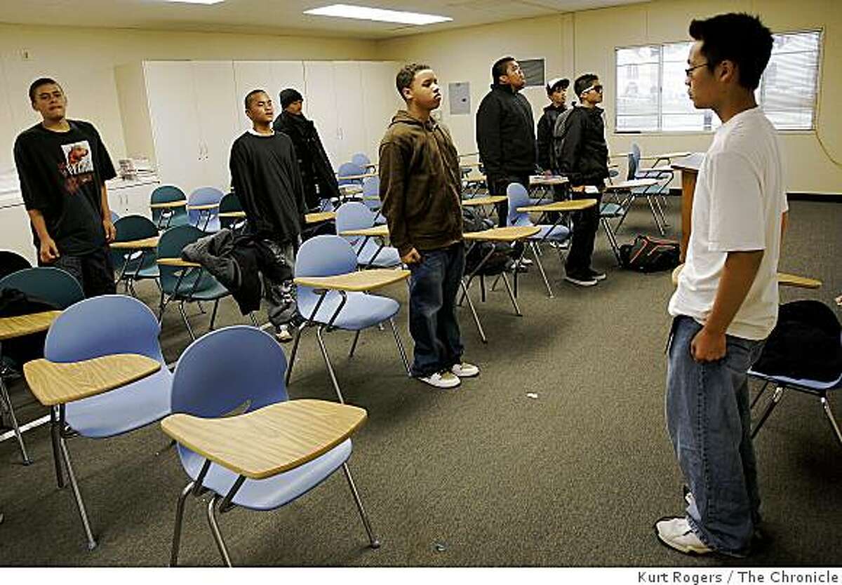 Alvin Lam (Right) brings his JROTC class to attention in order to dismiss them for their next class. on Wednesday, Sept, 17 2008 in San Francisco , Calif