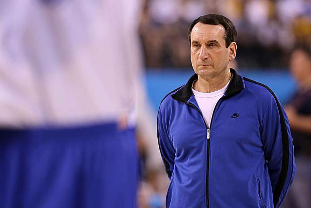 INDIANAPOLIS - APRIL 02: Head coach Mike Krzyzewski of the Duke Blue Devils looks on during practice prior to the 2010 Final Four of the NCAA Division I Men's Basketball Tournament at Lucas Oil Stadium on April 2, 2010 in Indianapolis, Indiana.