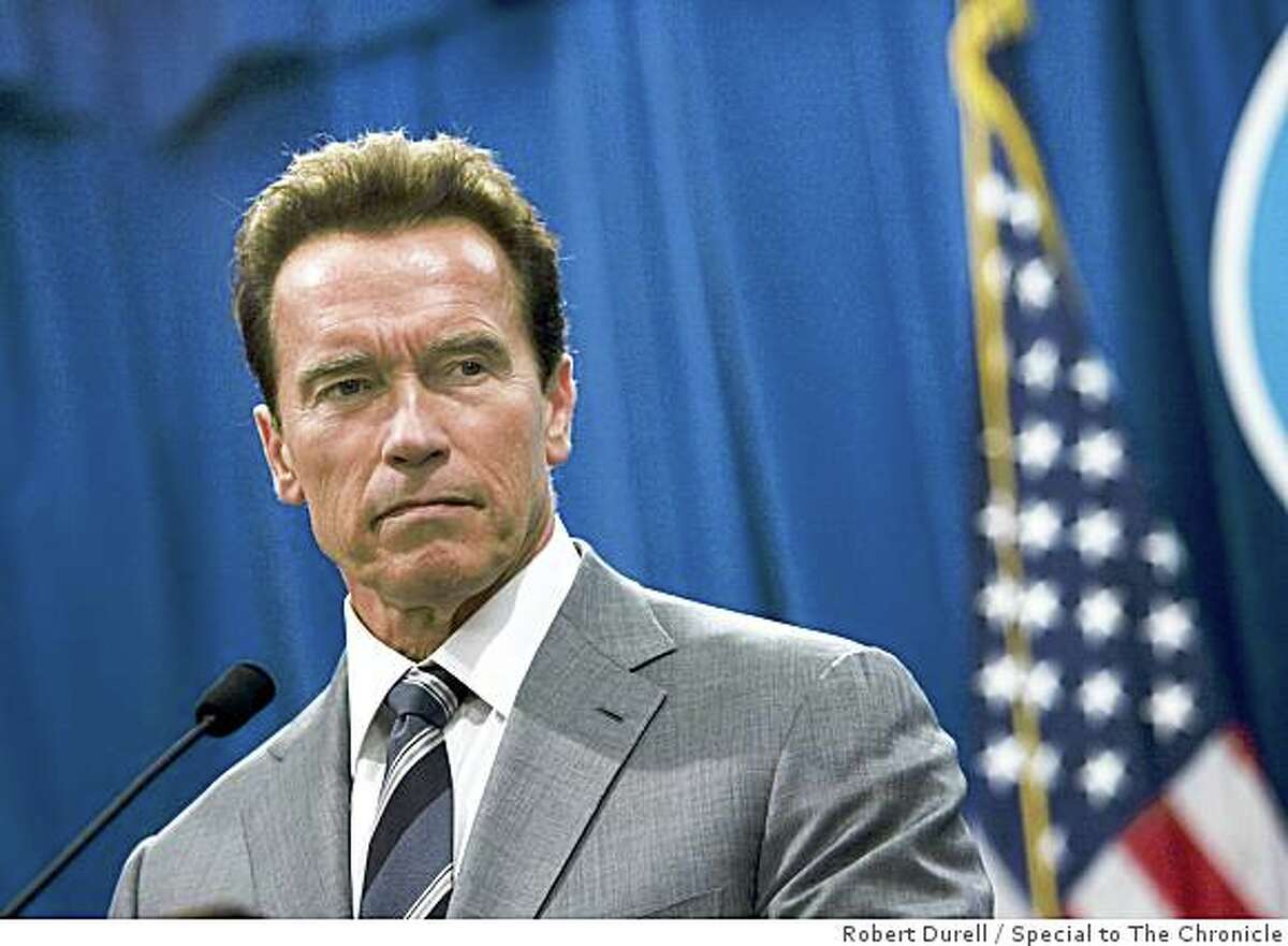 California Governor Arnold Schwarzenegger announces that he will veto the budget passed by the combined state Senate and Assembly early this morning in Sacramento, California, Tuesday, September 16, 2008. Schwarzenegger talked about the veto during a press conference at the state Capitol. He said the combined legislature was "kicking the can" down the road rather than solving the budget problem.