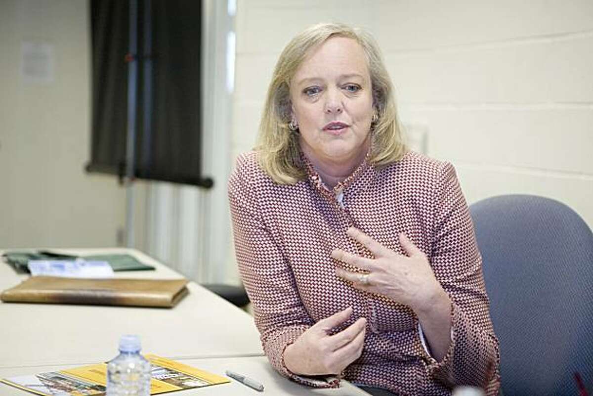 Republican gubernatorial candidate Meg Whitman talks with Chronicle columnist Debra J. Saunders (not pictured) after Whitman toured the Union Pacific Intermodal Facility in in Oakland, Calif. on Tuesday, March 9, 2010. Kat Wade / Special to the Chronicle
