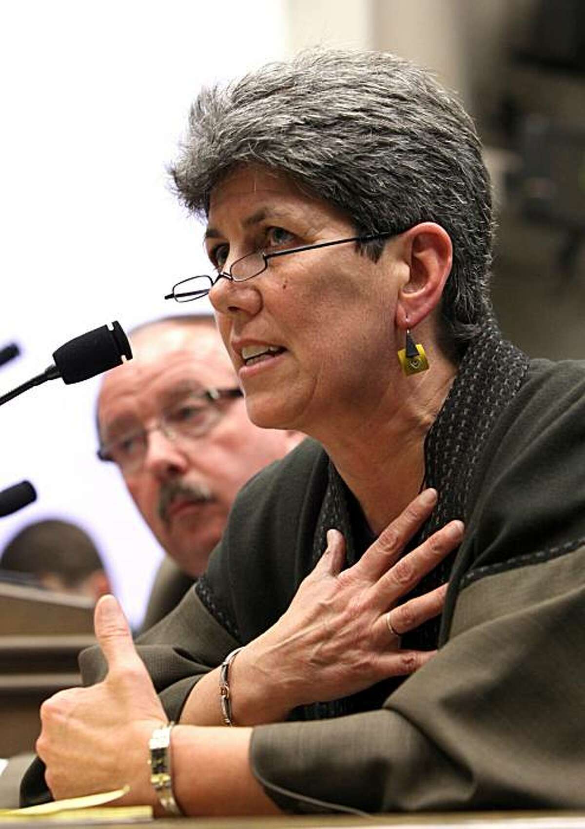 Leslie Margolin, president of Anthem Blue Cross, pledges to work with the lawmakers to help bring down health care cost during a hearing of the Assembly Health Committee at the Capitol in Sacramento, Calif., Tuesday, Feb. 23, 2010. Executives of Anthem Blue Cross, California's largest for-Profit health insurer, appeared before the committee to explain an attempt to boost insurance premiums by up to 39 percent.
