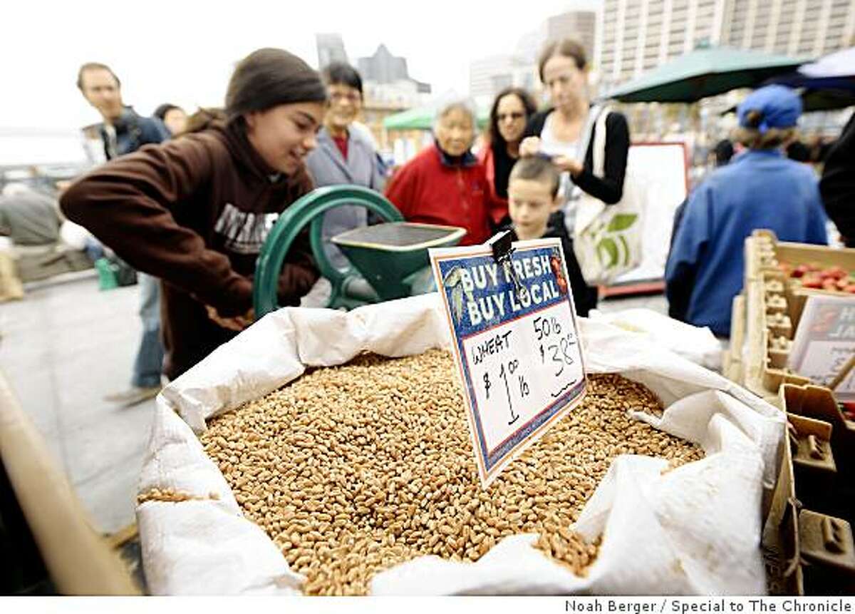 During a visit to the Ferry Plaza Farmers? Market, Maddy Sherman, 11, grinds whole wheat berries to make flour at Eatwell Farm?s stand on Saturday, Aug. 23, 2008, in San Francisco.