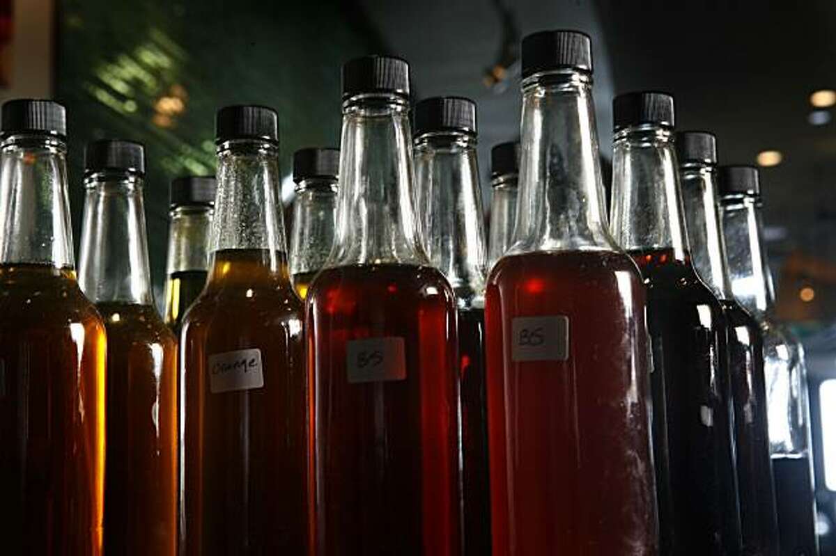 BITTERS12_0089_KW_.jpg Botteles of bitters; distilled herbs, roots, barks and plants hand made by bartender Jennifer Colliau (NOT PICTURED) at the Slanted Door on the Embarcadero in San Francisco on January 2, 2007 for the photographer. Kat Wade/The Chronicle Ran on: 01-19-2007