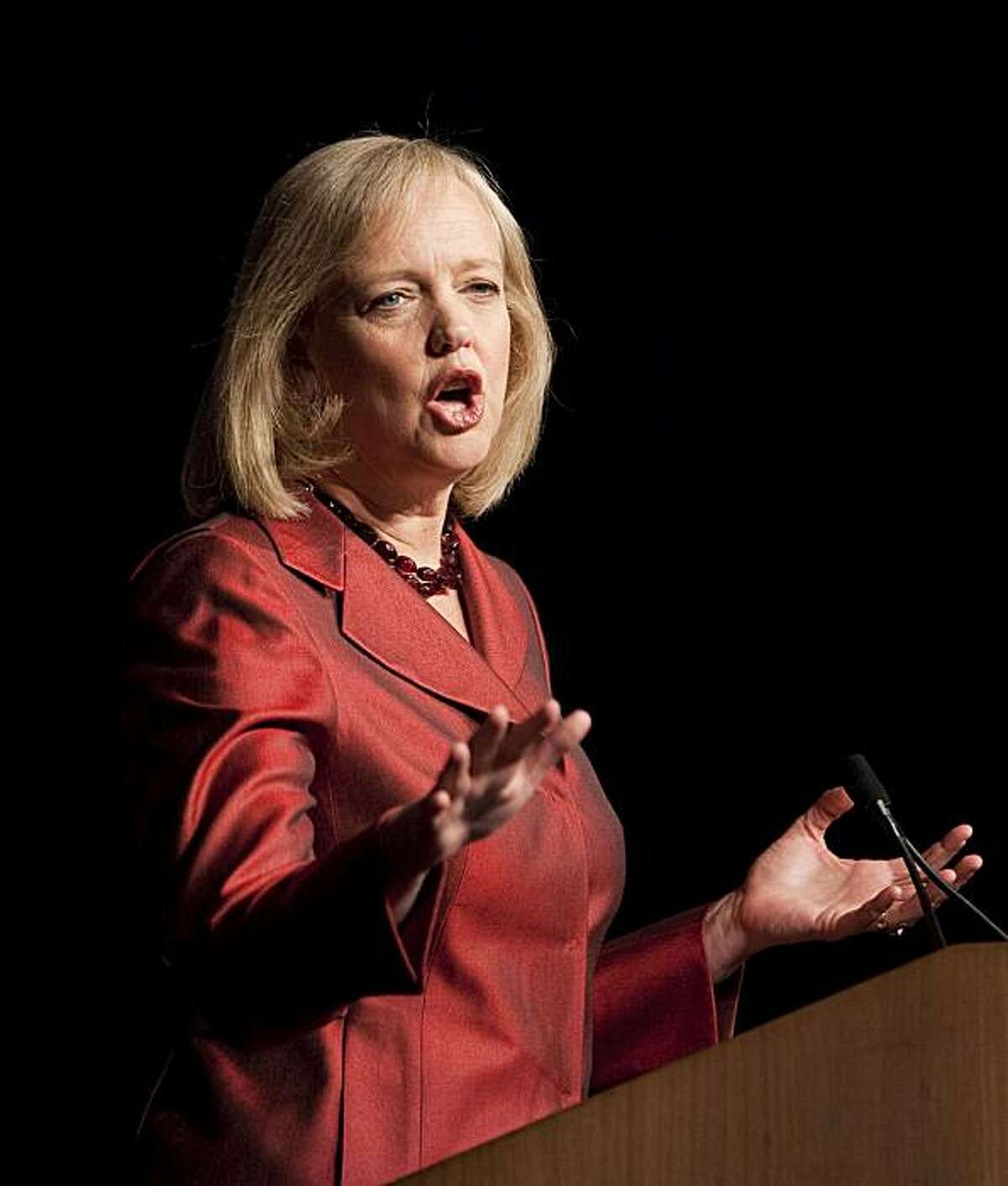 Former eBay chief executive Meg Whitman gives a speech during the California Republican Convention in Indian Wells, Calif., on Saturday, Sept. 26, 2009. Whitman is seeking the Republican nomination for Governor of California. (AP Photo/Francis Specker)