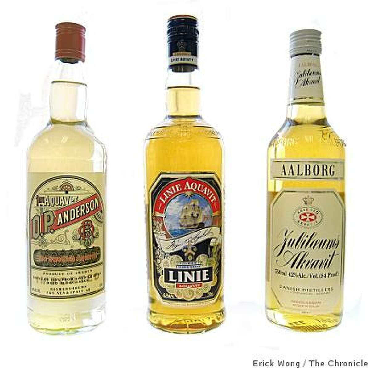From left, aquavits from Scandinavia: O.P. Anderson from Sweden; Linie Aquavit from Norway; Jubiloeums Akvavit from Denmark.