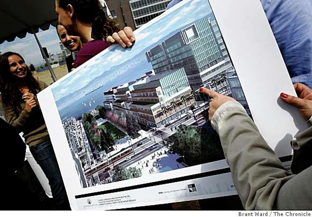 Guests at the groundbreaking ceremony looked over a large artists rendering of the new buildings at 455 Mission Bay Boulevard. Pfizer Corporation will open a headquarters in the Mission Bay area of San Francisco at 455 Mission Bay Boulevard South. They held the groundbreaking ceremony Tuesday, August 5, 2008 at the site.