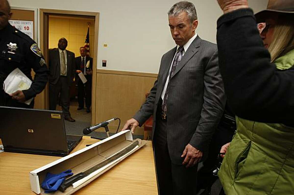 A press conference was held at the Hall of Justice in San Francisco, Ca., on Monday, January 25, 2010, where investigator Daniel Cunningham shows the machete that 65-year-old Edward Smith was wielding outside his home when he was shot by a police officer last Saturday.