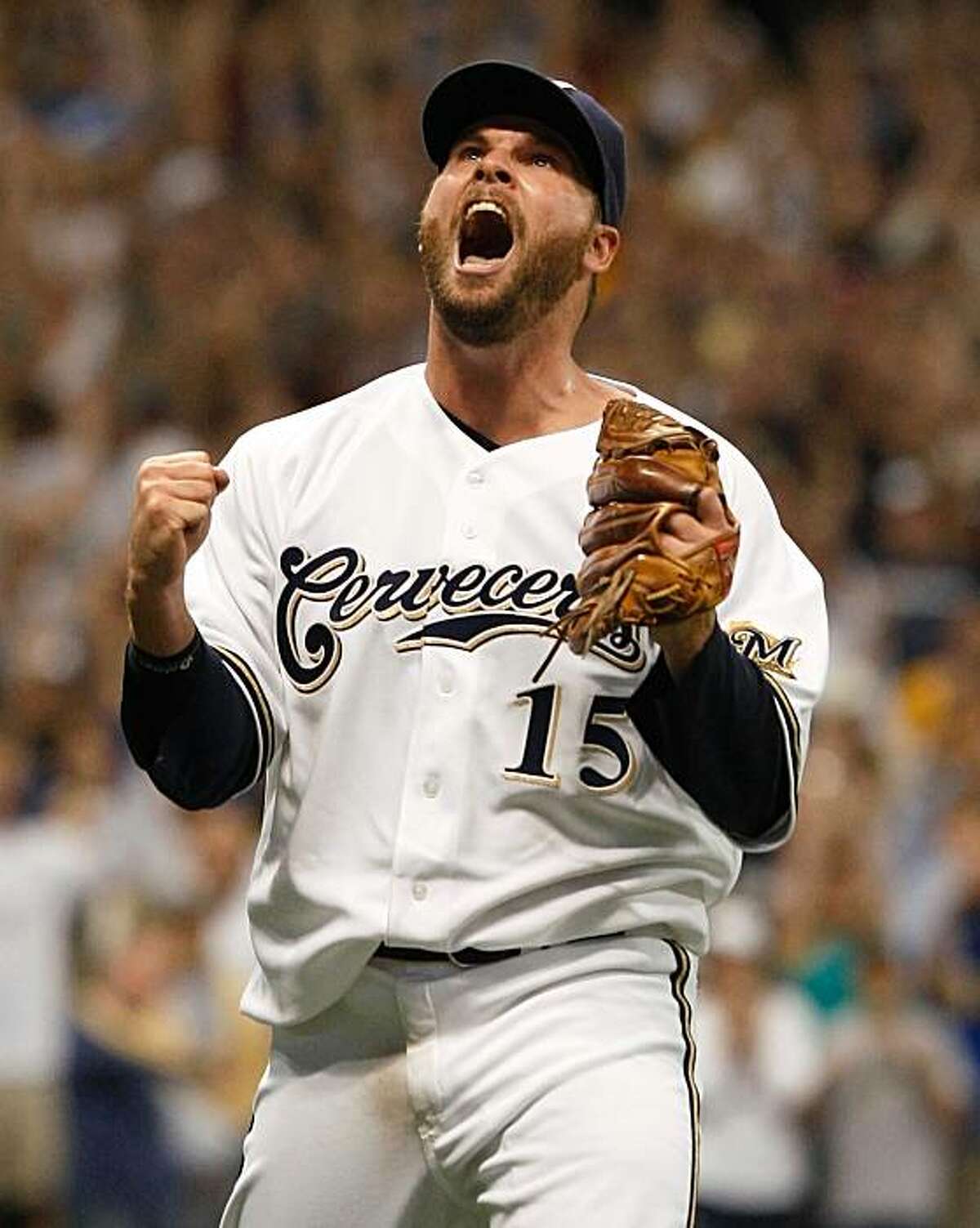 Milwaukee Brewers pitcher Ben Sheets celebrates after the final out against the San Diego Padres in the ninth inning of a baseball game Saturday, Sept. 6, 2008, in Milwaukee. Sheets pitched a complete game shutout, giving up five hits to the Padres. (AP Photo/Bill Waugh)