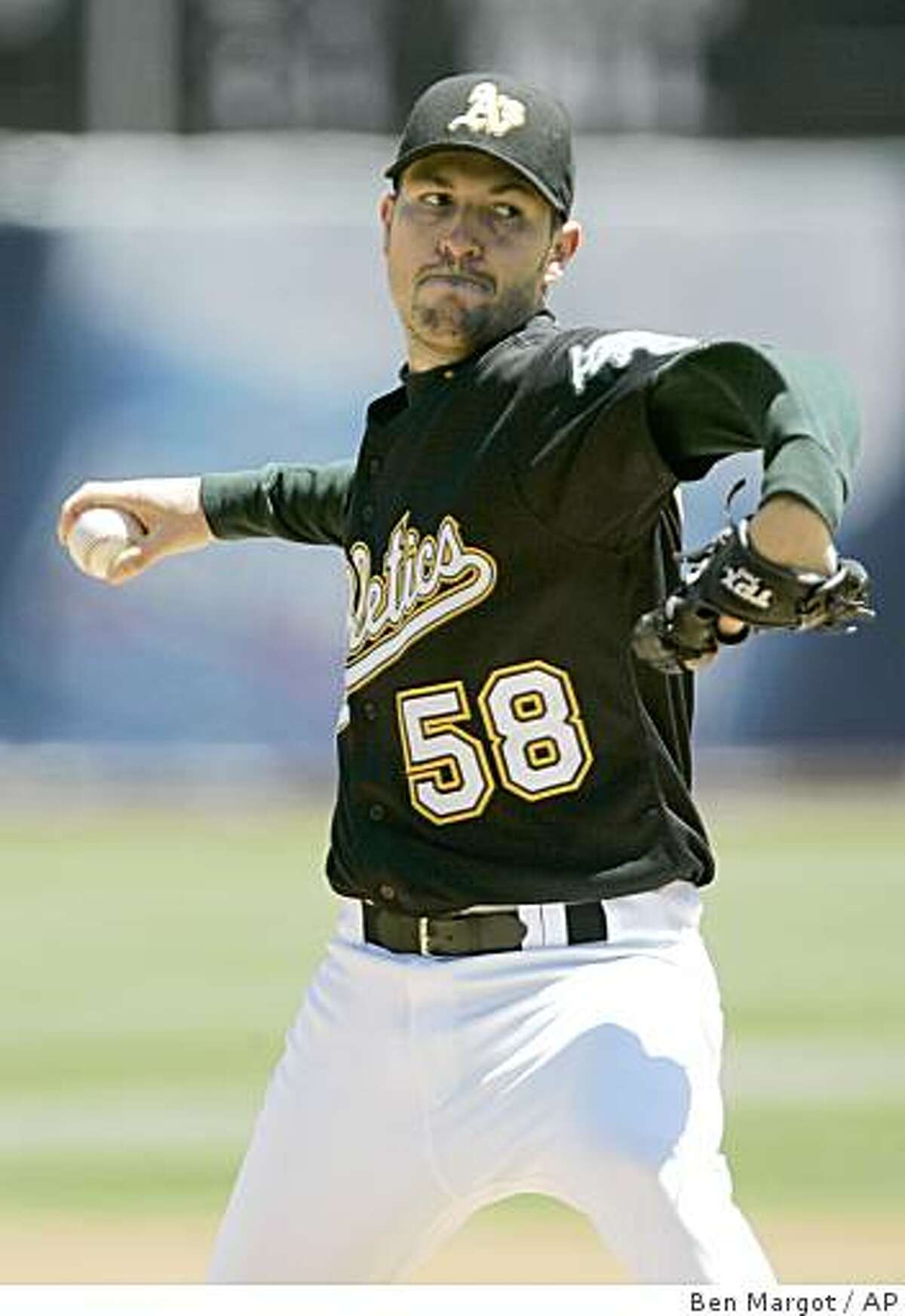 Oakland Athletics' Justin Duchscherer works against the Texas Rangers in the first inning of a baseball game Saturday, July 26, 2008, in Oakland, Calif. (Ben Margot / AP)