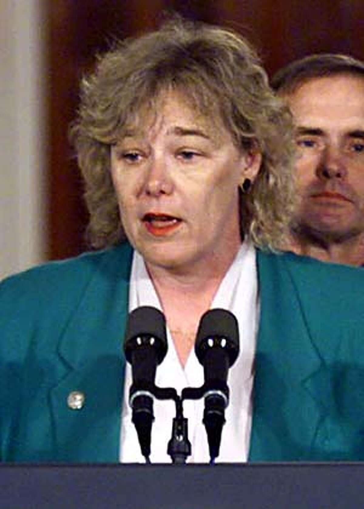 ** FILE ** Rep. Zoe Lofgren, D-CA, speaks as President Clinton and a bipartisan Congressional delegation gathered in the White House East Room to plea for legislators to resume gun safety talks on Capitol Hill, in this March 15, 2000 file photo. Susan Lindauer, 41, who worked for Lofgren in 2002, was arrested was arrested Thursday. march 11, 2004 on charges that she served as a paid agent for the Iraqi intelligence service before and after the U.S. invasion last year. (AP Photo/J. Scott Applewhite)