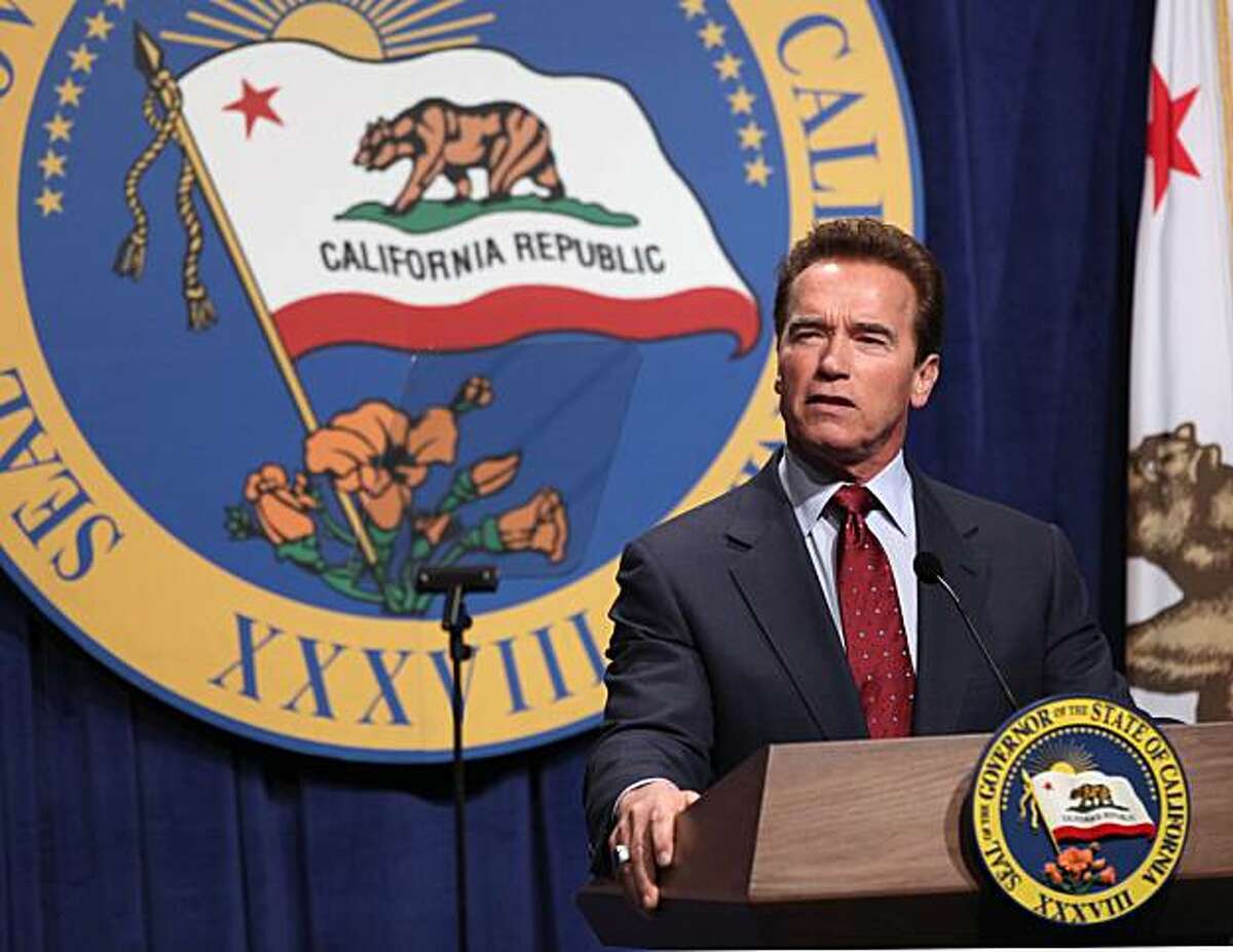 Gov. Arnold Schwarzenegger discusses his proposed 2010-11 state budget during a news conference in Sacramento, Calif., Friday, Jan. 8, 2010. Schwarzenegger unveiled a $82.9 billion general fund spending plan that makes cuts to health and human services,welfare, prisons, transportation and environmental programs.