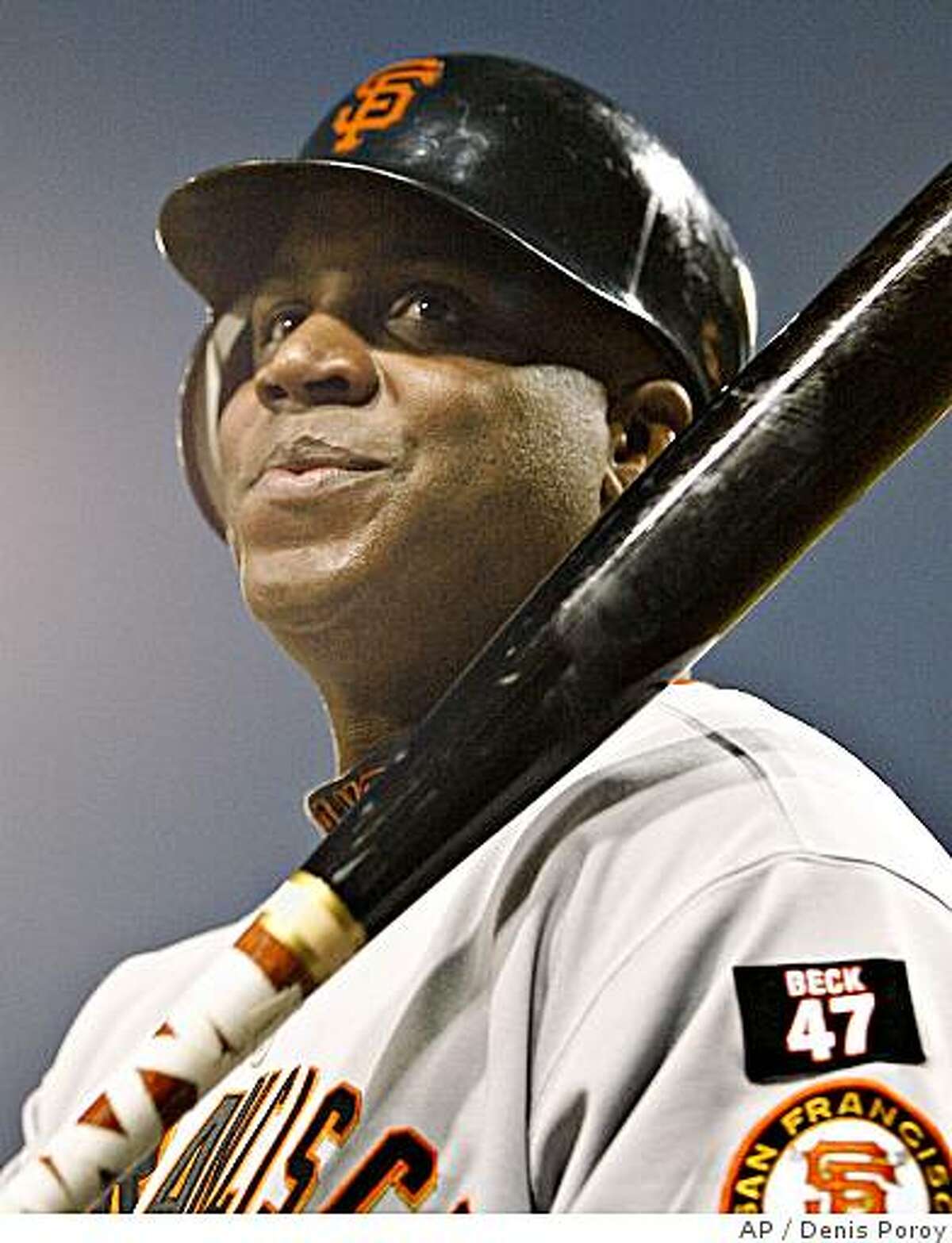 ** FILE ** San Francisco Giants' Barry Bonds waits before his at-bat in the second inning of a baseball game against the San Diego Padres, in this Sept. 15, 2007 file photo, in San Diego. A typo in court papers regarding Bonds filed late Thursday, Feb. 14, 2008, by federal prosecutors touched off a brief tempest over the mistaken belief that he failed a drug test in November 2001, one month after breaking the home run record. (AP Photo/Denis Poroy, File)