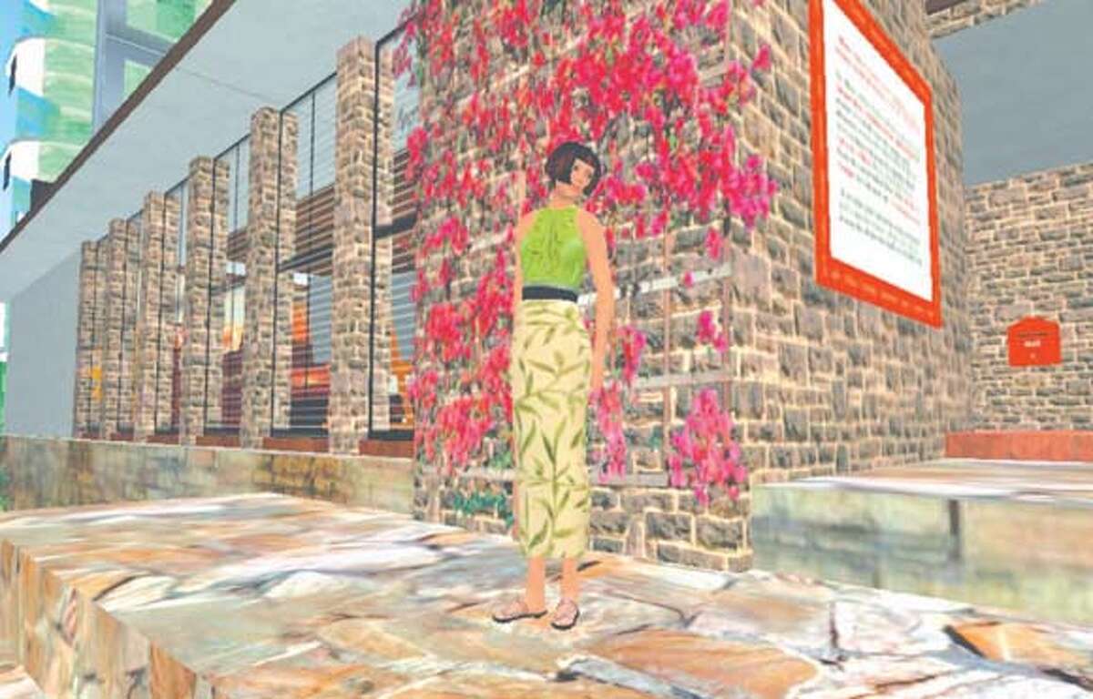 Carolina Keats,avatar for health librarian Carol Perryman, outside Second Life�s Consumer Health Library.
