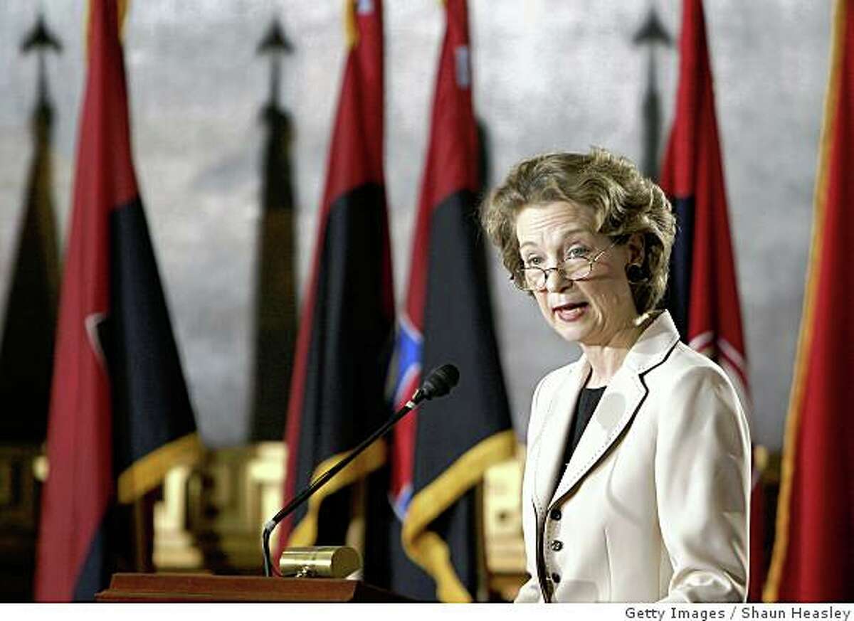 WASHINGTON - MAY 5: Susan Eisenhower, granddaughter of Gen. Dwight D. Eisenhower, speaks at Holocaust Remembrance Day at the United States Capitol May 5, 2005 in Washington, DC. First lady Laura Bush was also on hand for the event sponsored by the U.S. Holocaust Memorial Museum. (Photo by Shaun Heasley/Getty Images)