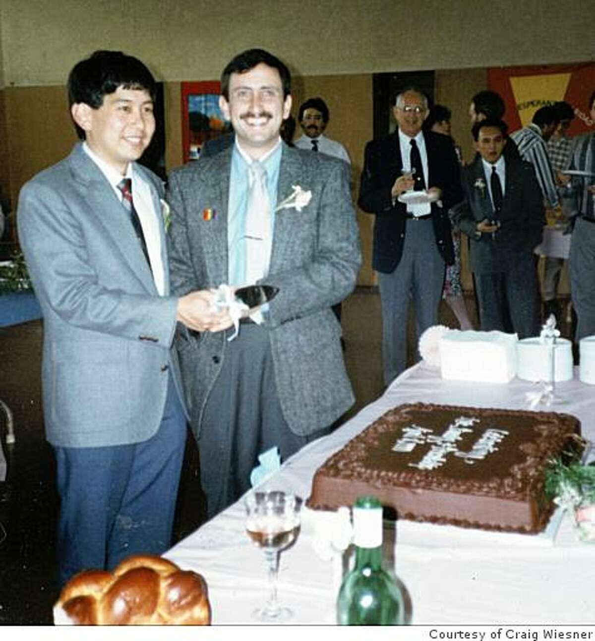 Derrick Kikuchi , left, and Craig Wiesner at their wedding reception at the First Presbyterian Church in Palo Alto on April 8, 1990.Courtesy of Craig Wiesner