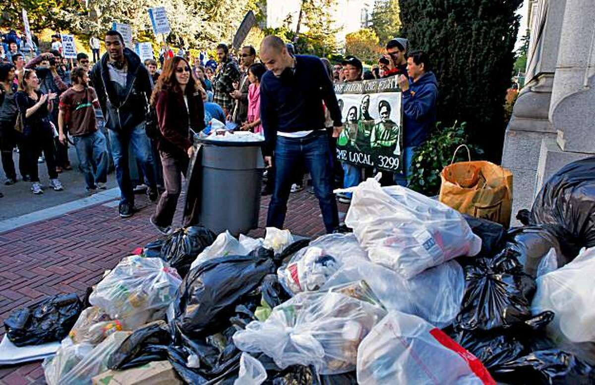 Students protest the regents decision to raise tuition rates by dumping trash at the front door of the California Hall on the campus at UC Berkeley, Thursday Nov. 19, 2009, in Berkeley, Calif.