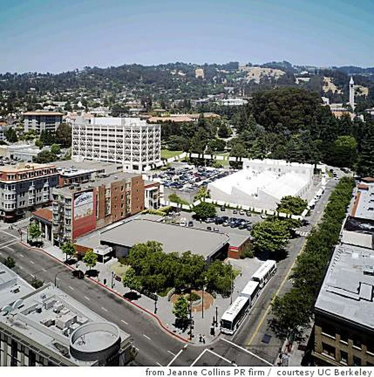 Photograph showing the block -- dotted line is site outline -- where UC Berkeley has proposed a new home for the Berkeley Art Museum and the Pacific Film Archive. The portion of the block in front of the dotted line is where a mixed-use tower with a conference center might go. The campus is in the background