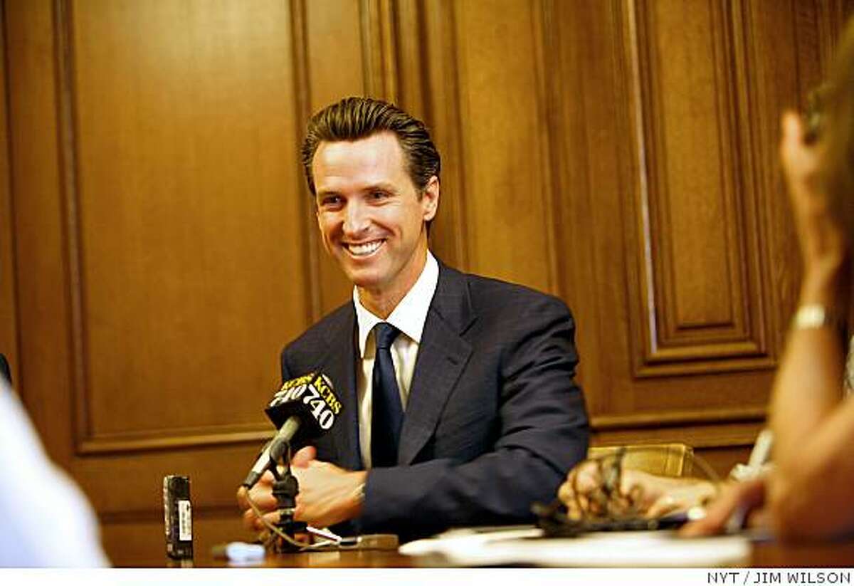 (NYT28) SAN FRANCISCO -- May 15, 2008 -- CALIF-GAY-MARRIAGE-8 -- Mayor Gavin Newsom smiles while speaking to reporters in San Francisco about the state Supreme Court ruling on Thursday, May 15, 2008. Same-sex couples have a constitutional right to marry, the California Supreme Court ruled Thursday. (Jim Wilson/The New York Times)