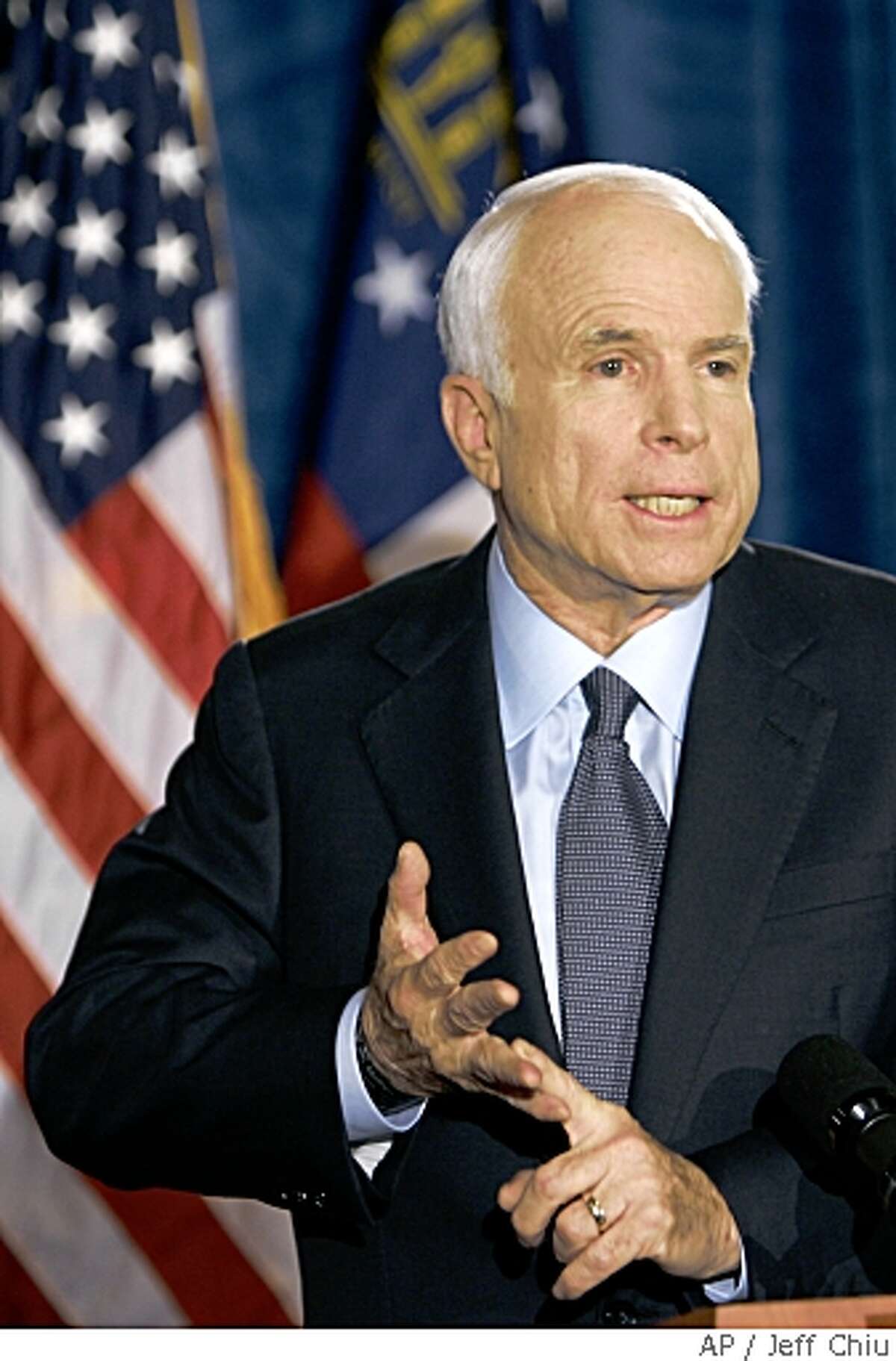 Republican presidential candidate, Sen. John McCain, R-Ariz., speaks with reporters during a news conference on Monday, May 19, 2008, in Savannah, Ga. (AP Photo/Jeff Chiu)